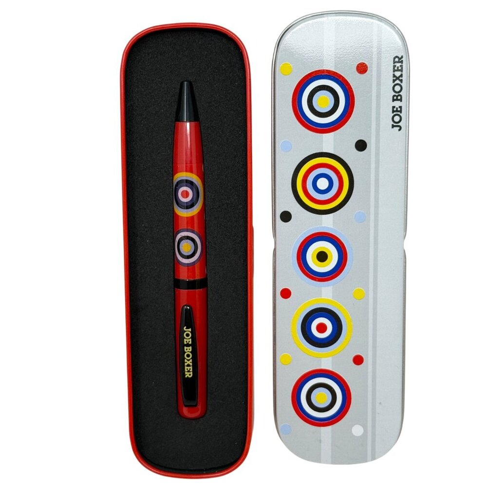 Joe Boxer Vtg Red Ballpoint Pen Colorful Target‎ Design Matching Metal Tin KMart
